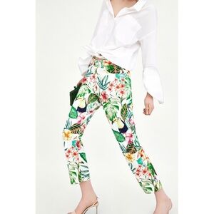 Zara TRF Tropical Coastal Print Denim Straight Leg Crop Mom Jeans White - Size 4